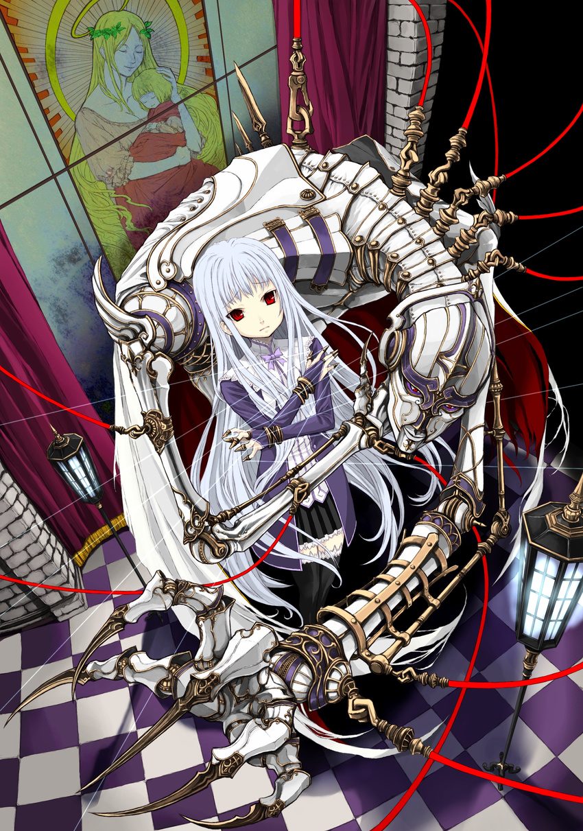absurdres checkered checkered_floor claws doll highres kooten_bergh_no_youhei lamp long_hair pixiv_fantasia pixiv_fantasia_5 red_eyes solo stained_glass string thighhighs very_long_hair white_hair zettai_ryouiki