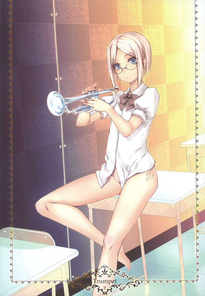 absurdres barefoot blue_eyes bob_cut bottomless frame glasses highres instrument no_panties ooji original shirt short_hair sitting solo tattoo treble_clef trumpet white_shirt