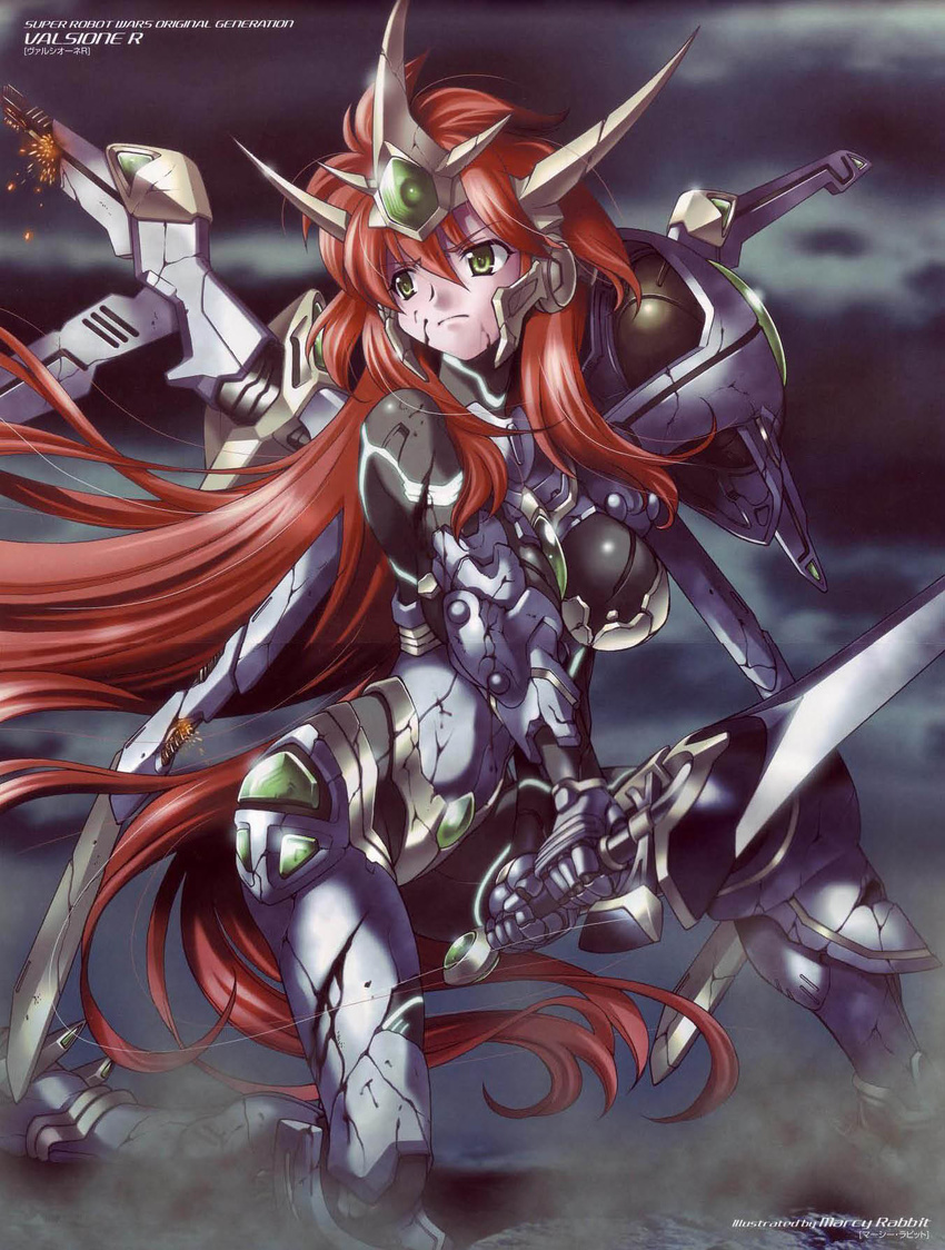 armor green_eyes highres long_hair looking_away mecha mercy_rabbit one_knee red_hair scan solo super_robot super_robot_wars super_robot_wars_the_lord_of_elemental valsione very_long_hair