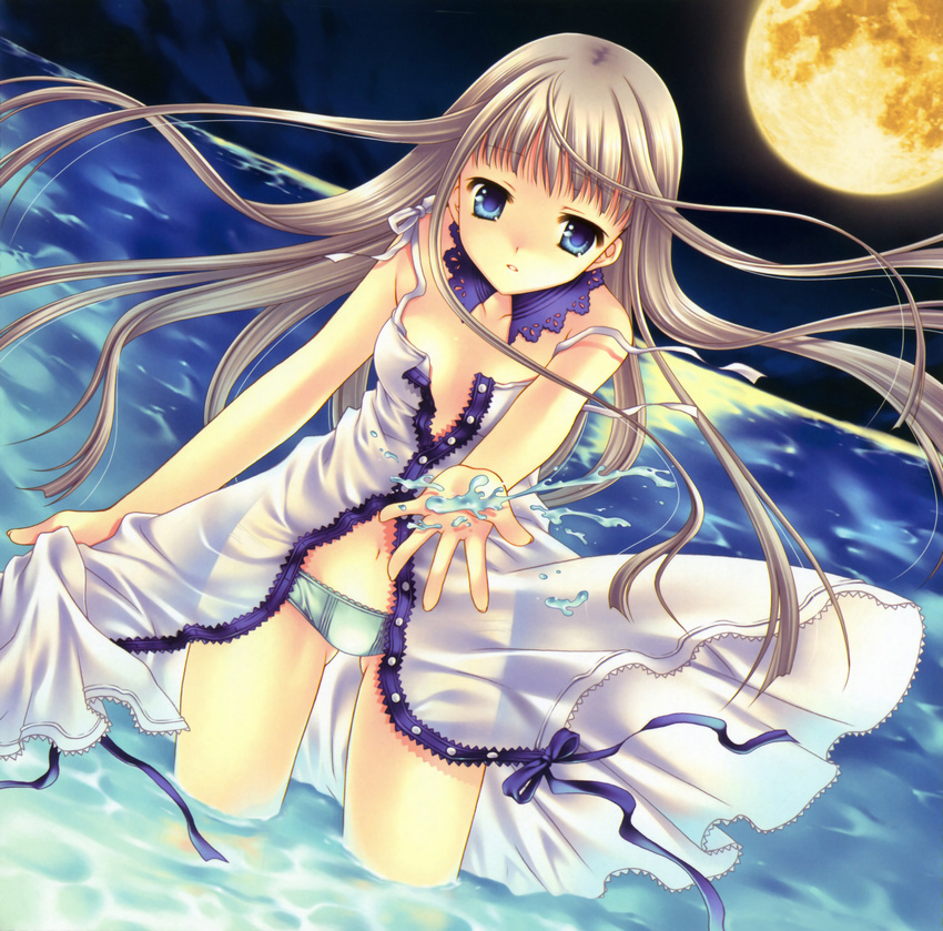 absurdres blonde blue_eyes dress high_res long_hair moon pantsu see-through_clothing see_through tagme tatekawa_mako undressing water wnb_mark