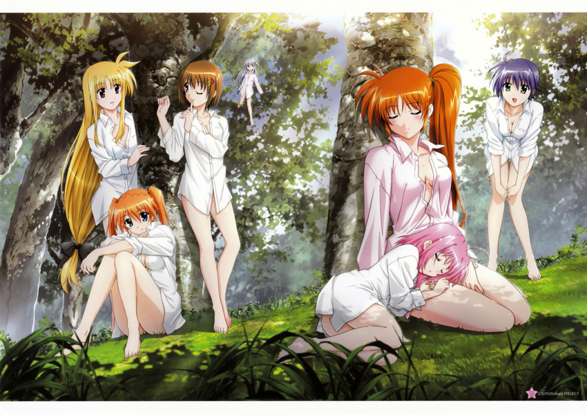 caro_ru_lushe dress_shirt fate_testarossa mahou_shoujo_lyrical_nanoha mahou_shoujo_lyrical_nanoha_strikers no_bra reinforce_zwei subaru_nakajima takamachi_nanoha teana_lanster yagami_hayate