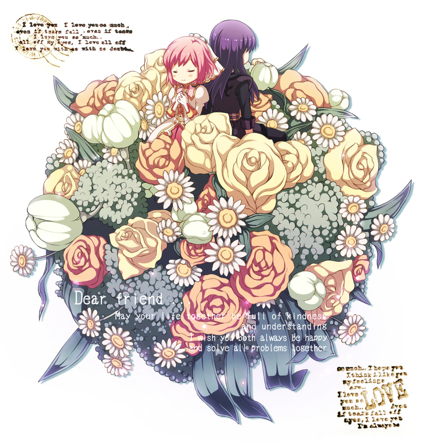 1girl ayamisiro belt black_hair bouquet chibi closed_eyes coat couple dress engrish estellise_sidos_heurassein flower from_behind gloves hands_clasped hetero long_hair own_hands_together pink_hair ranguage rose short_hair smile tales_of_(series) tales_of_vesperia veil yellow_flower yellow_rose yuri_lowell