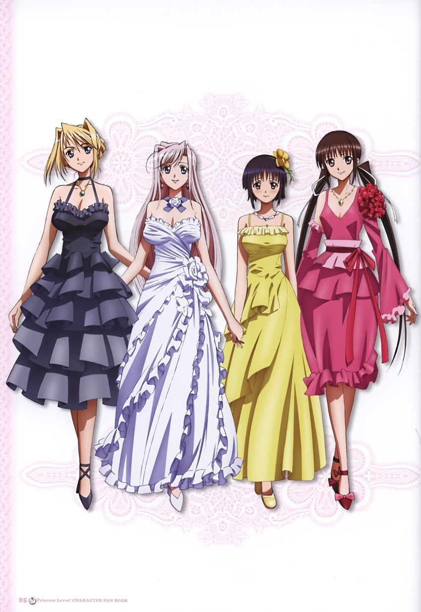 absurdres ahoge binding_discoloration blonde_hair blush brown_eyes brown_hair charlotte_hazellink charlotte_hazelrink choker dress everyone flower fujikura_yuu group hand_holding high_heels highres houjouin_seika jewelry long_hair princess_lover princess_lover! purple_eyes purple_hair ribbon scanning_resolution screening seika_houjouin shoes short_hair silvia_van_hossen smile sylvia_van_hossen twintails wedding_dress