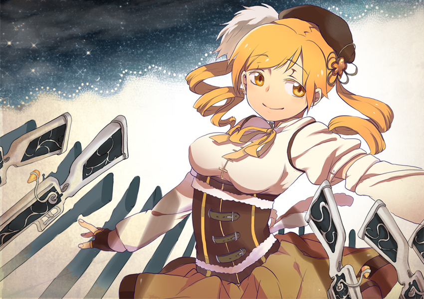 bad_id bad_pixiv_id beret blonde_hair breasts corset detached_sleeves drill_hair fingerless_gloves gloves gun hair_ornament hairpin hat magical_girl magical_musket mahou_shoujo_madoka_magica medium_breasts pleated_skirt puffy_sleeves ribbon rifle skirt smile solo tomoe_mami tow0 twin_drills twintails weapon