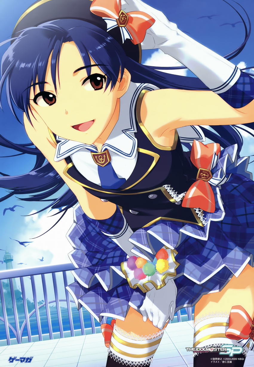 absurdres annindoufu_(oicon) blue_hair brown_eyes gloves hat hat_tip highres idolmaster idolmaster_(classic) jpeg_artifacts kisaragi_chihaya leaning_forward long_hair official_art open_mouth ribbon schoolish_girl_(idolmaster) smile solo thighhighs