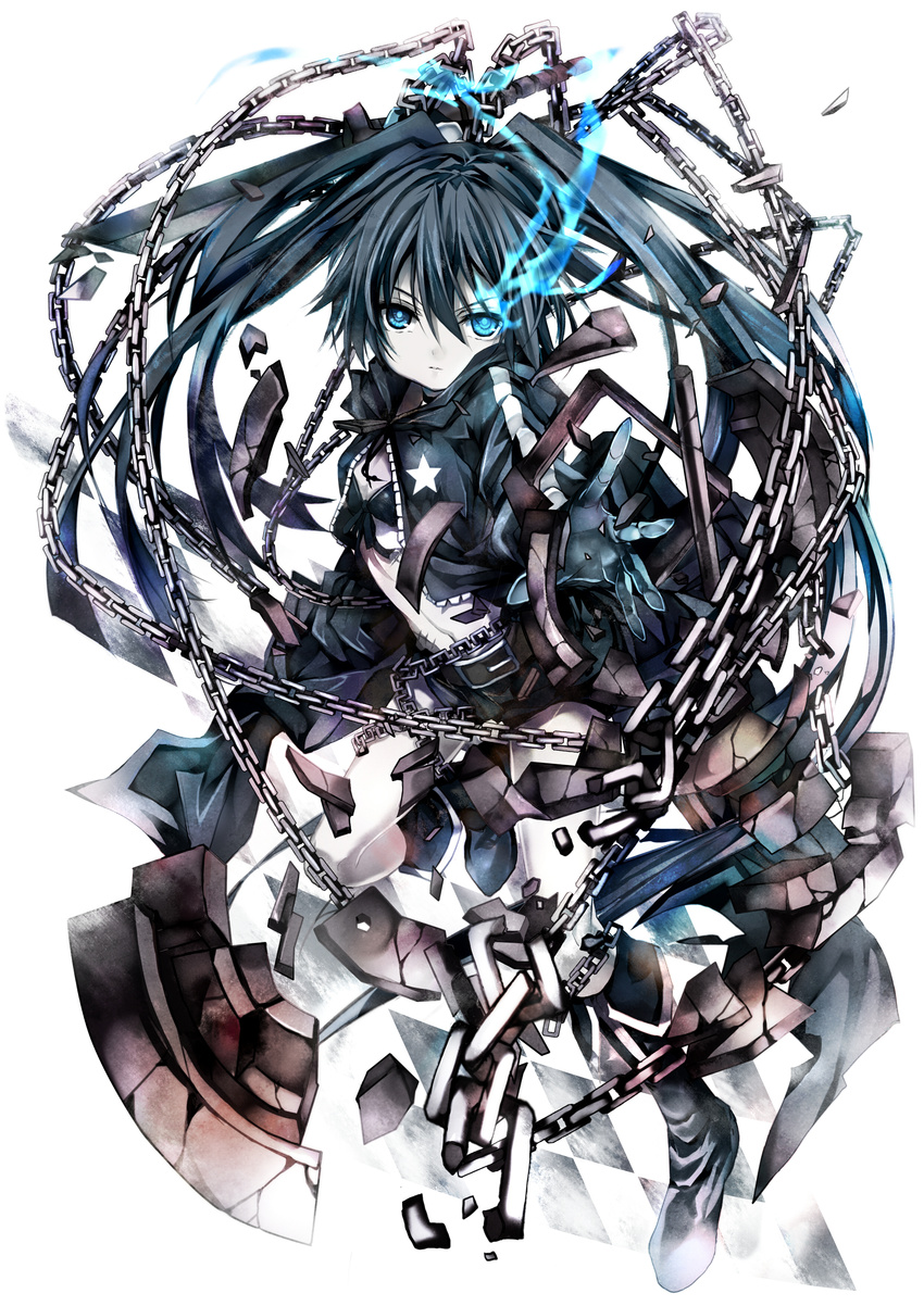 absurdres bikini_top black_hair black_rock_shooter black_rock_shooter_(character) blue_eyes chain glowing glowing_eye highres jacket long_hair looking_at_viewer navel revision shino_(eefy) simple_background solo twintails white_background white_skin