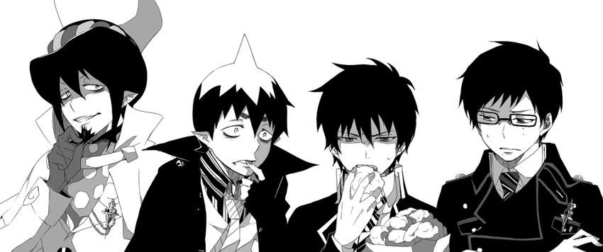 amaimon ao_no_exorcist bad_id bad_pixiv_id brothers cross eating facial_hair fang finger_in_mouth fingerless_gloves food glasses gloves goatee greyscale grin hat mephisto_pheles monochrome multiple_boys necktie okumura_rin okumura_yukio pointy_ears shaded_face siblings simple_background smile striped striped_neckwear yomi178