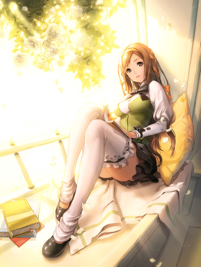 absurdres black_eyes book bow breasts brown_hair flower frills garters hairband highres kkuem long_hair medium_breasts original pillow ribbon school_uniform sitting skirt solo striped striped_legwear sunlight thighhighs tree vertical-striped_legwear vertical_stripes white_legwear zettai_ryouiki