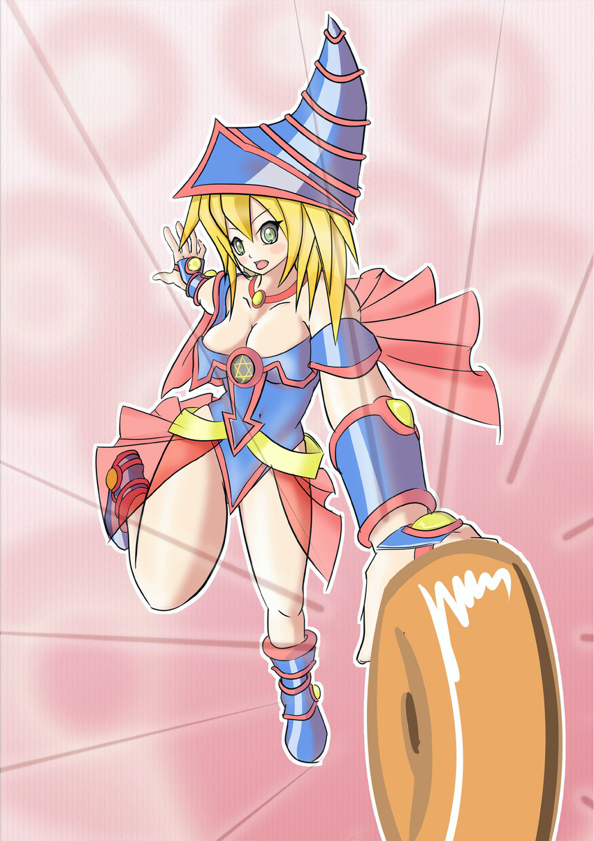 bangs blush breasts cleavage dark_magician_girl duel_monster female full_body highres looking_at_viewer solo staff weapon yu-gi-oh! yuu-gi-ou_duel_monsters