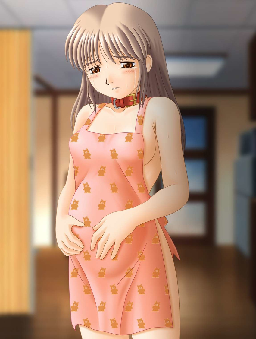 1girl apron bare_shoulders bdsm belly_hold blush breasts brown_eyes brown_hair clavicle collar crying door female hadaka_apron highres hips indoors naked_apron oppai pregnant slave tears
