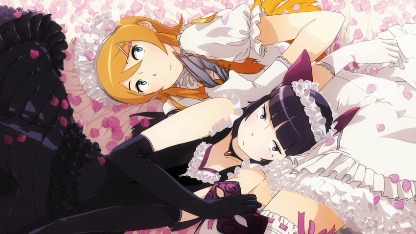 2girls dress elbow_gloves flowers gloves gokou_ruri gothic_lolita hairband hairclip kousaka_kirino mask official_art ore_no_imouto_ga_konna_ni_kawaii_wake_ga_nai thighhighs uki_atsuya