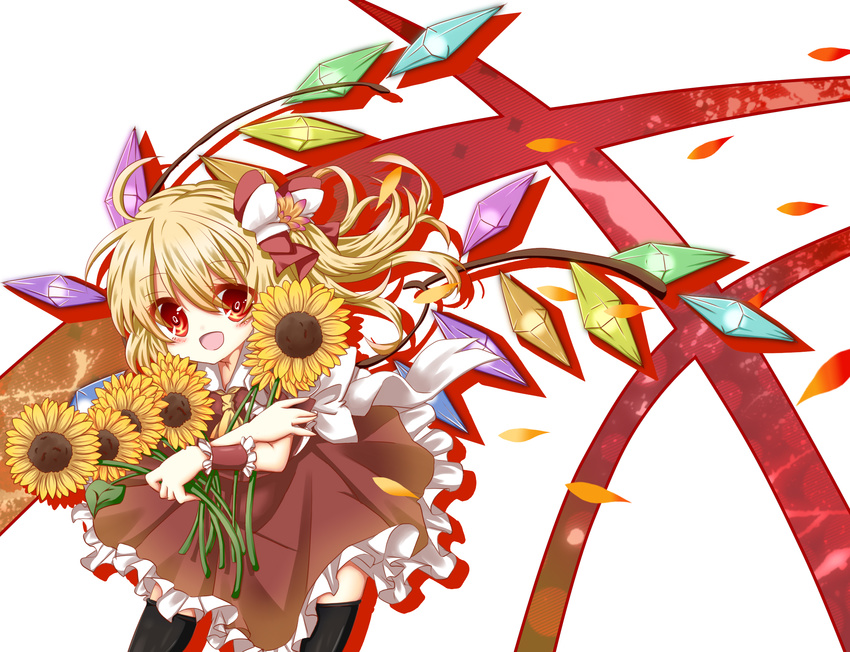 :d ascot black_legwear blush colorized fang flandre_scarlet flower hair_flower hair_ornament happy highres hino_(kagami) no_hat no_headwear open_mouth red_eyes short_hair side_ponytail skirt smile solo sunflower thighhighs touhou wings yamone zettai_ryouiki