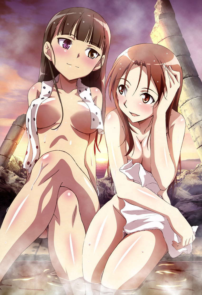 absurdres bathing blush body_blush breasts brown_eyes brown_hair cleavage cloud convenient_arm convenient_leg covered_nipples covering crossed_legs heterochromia highres long_hair medium_breasts minna-dietlinde_wilcke multiple_girls non-web_source nude nude_cover nyantype official_art onsen open_mouth outdoors polka_dot_towel purple_eyes red_eyes red_hair sakamoto_mio scan sitting sky smile strike_witches tamura_masafumi towel towel_around_neck twilight water wet white_towel world_witches_series