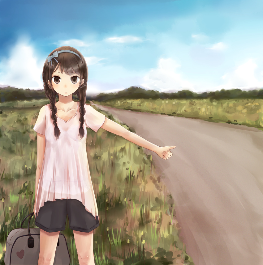 bag braid brown_eyes brown_hair child coop_(coupon123) female hair_ribbon hairband highres hitchhiker hitchhiking long_hair nature original outdoors plant ribbon road scenery shorts sky solo twin_braids