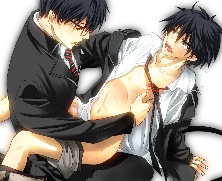 anal ao_no_exorcist brother brothers censored clothed_male_nude_male cmnm cry glasses in_lap incest male male_focus male_only necktie okumura_rin okumura_yukio open_clothes open_shirt penis pointy_ears school school_uniform schoolboy shirt siblings sitting tears undressing uniform yaoi