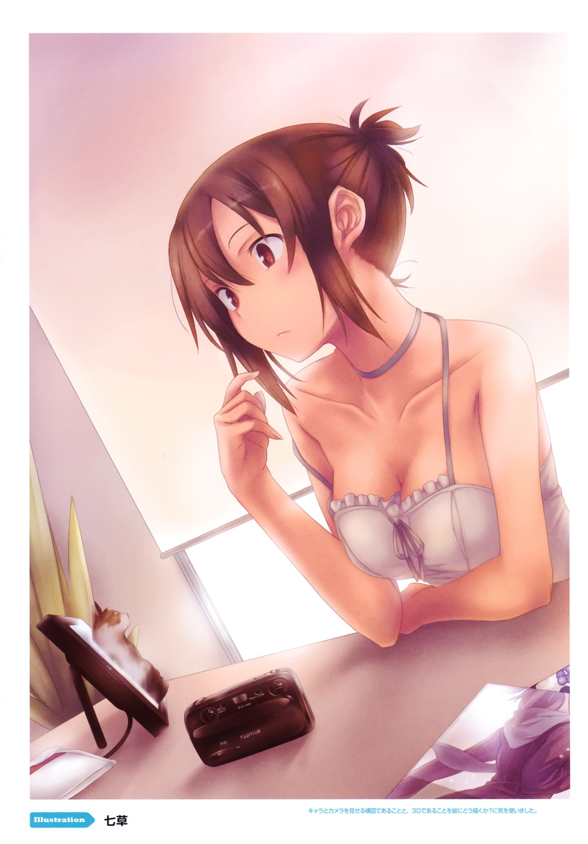 absurdres bare_shoulders breasts brown_eyes brown_hair camera cat cleavage collarbone copyright_request face hands highres hologram medium_breasts nanakusa scan solo strap_slip