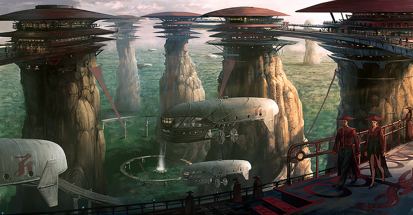 1girl aircraft airship building cityscape fantasy landscape noba original scenery