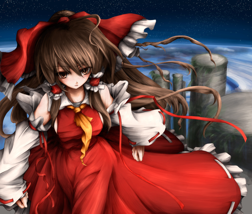 ascot bad_id bad_pixiv_id breasts brown_eyes brown_hair detached_sleeves hair_tubes hakurei_reimu inaba_usagi_(rabbit_works) long_hair medium_breasts no_bra pillar ribbon sideboob sidelocks solo space star_(sky) touhou very_long_hair