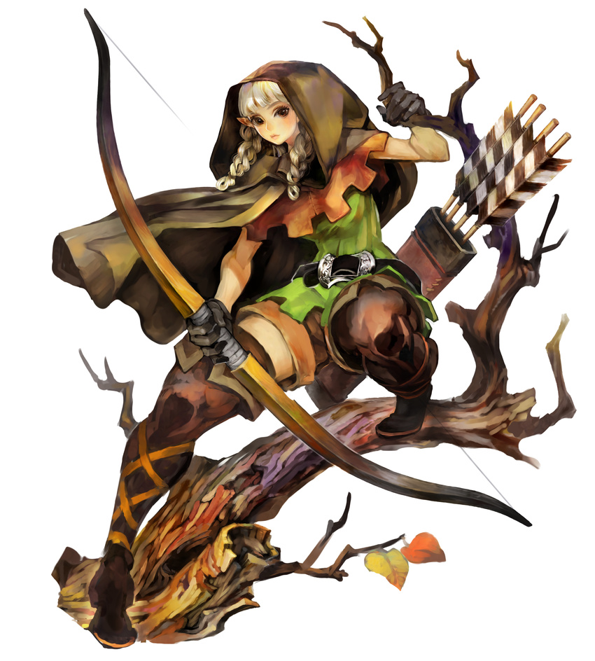 absurdres belt blonde_hair boots bow bow_(weapon) braid brown_eyes cloak dragon's_crown elf elf_(dragon's_crown) gloves highres kamitani_george leaf long_hair official_art pointy_ears pose quiver shorts solo thighhighs tree vanillaware weapon