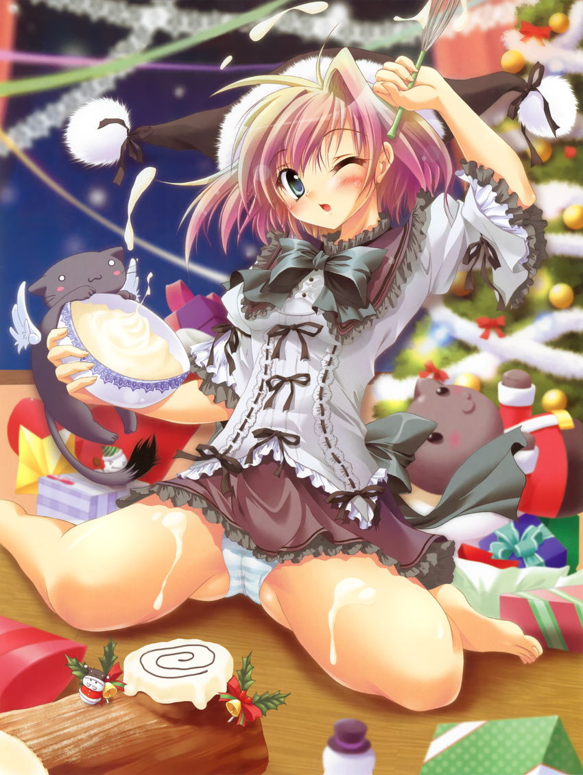 :3 ;o absurdres barefoot blue_eyes blush_stickers bowl box cat christmas christmas_tree copyright_request cream dress feet gift gift_box hat highres izumi_tsubasu log one_eye_closed panties pink_hair sexually_suggestive spread_legs streamers striped striped_panties stuffed_animal stuffed_cat stuffed_toy underwear whisk wooden_floor