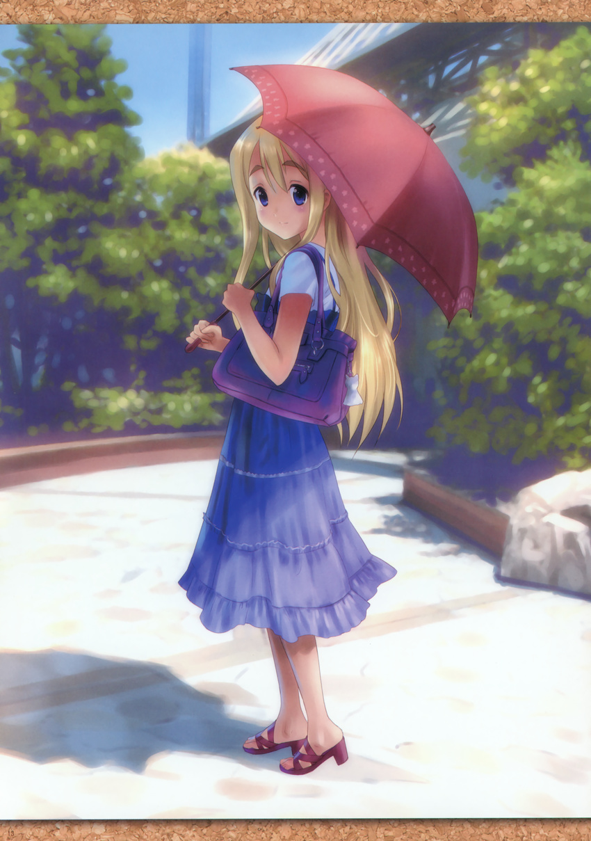 absurdres bag blonde_hair blue_eyes blush casual eyebrows from_behind goto_p handbag highres huge_filesize k-on! kotobuki_tsumugi long_hair looking_back sandals scan shade skirt smile solo tree umbrella