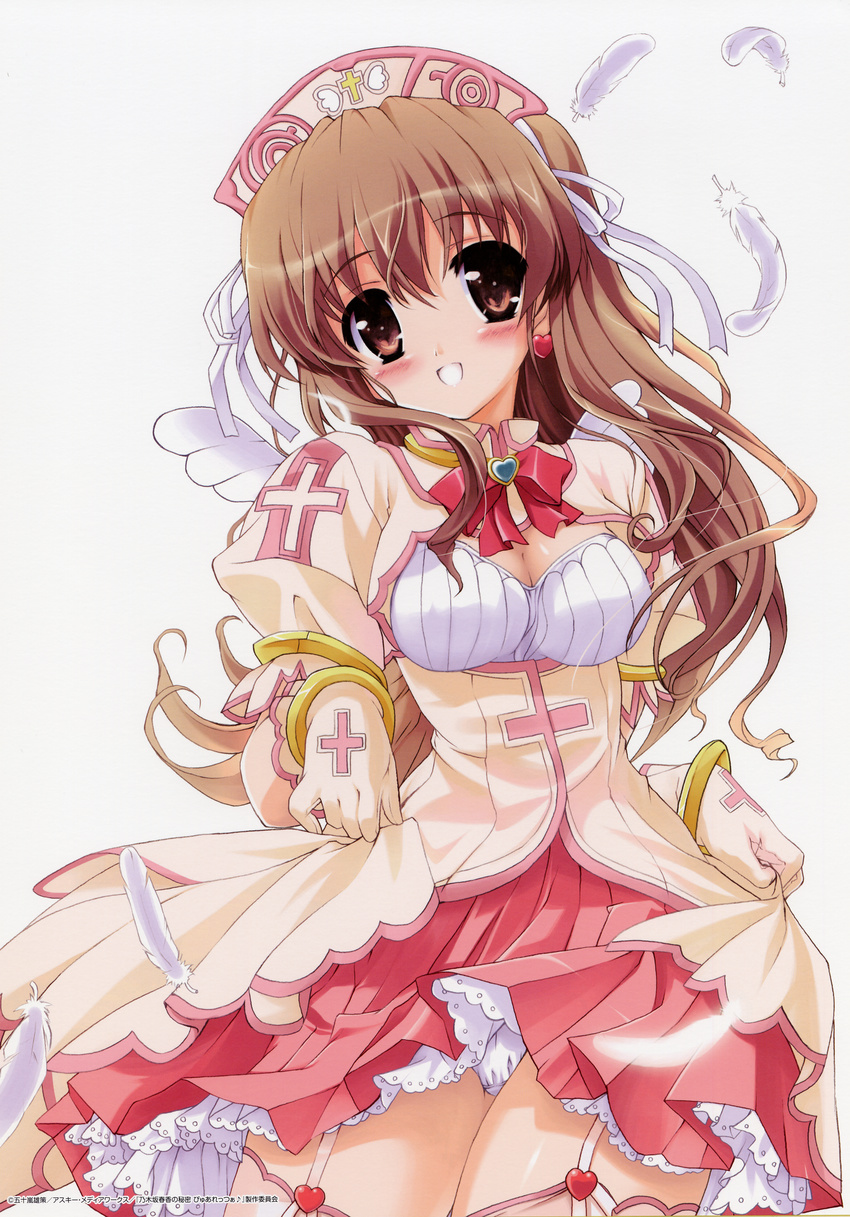 absurdres blush breasts brown_eyes brown_hair cleavage cross feathers garter_straps gloves hair_ribbon hat heart highres huge_filesize medium_breasts nogizaka_haruka nogizaka_haruka_no_himitsu nurse_cap panties pink_legwear puffy_short_sleeves puffy_sleeves ribbon shaa short_sleeves skirt skirt_lift thighhighs underwear white_panties wings