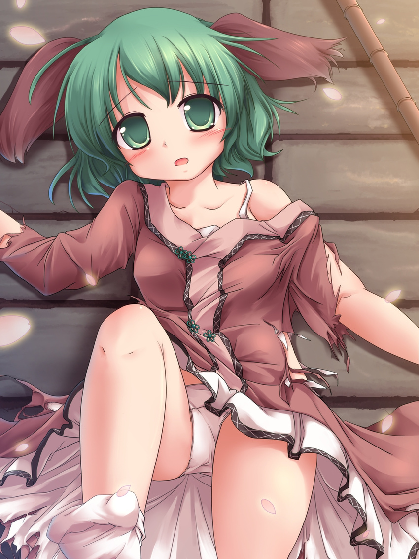 animal_ears bamboo bare_shoulders blush brown_dress cherry_blossoms dress green_eyes green_hair highres kasodani_kyouko lying lzh off_shoulder on_back open_mouth panties solo torn_clothes touhou underwear upskirt white_panties