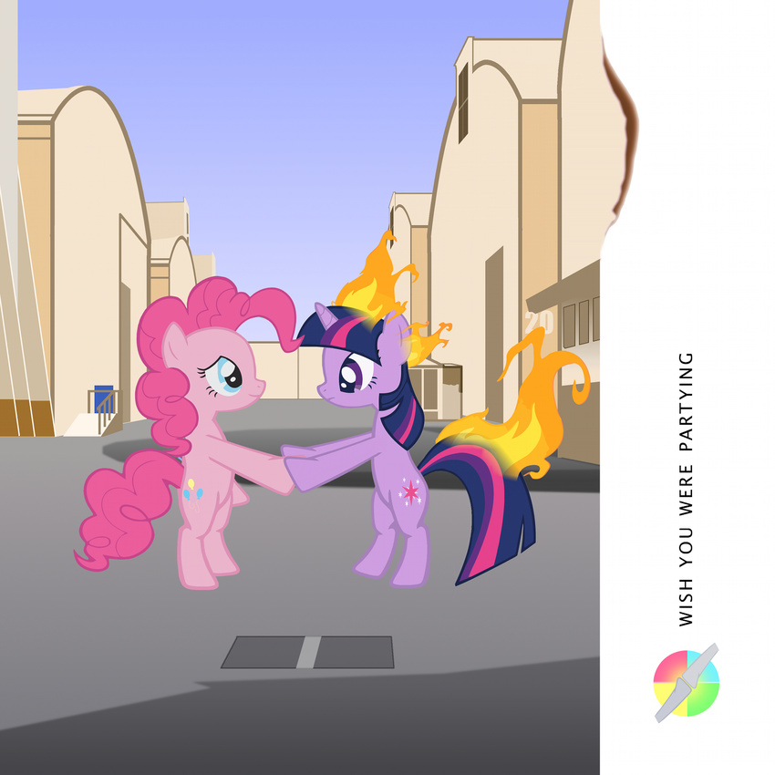 1975 album album_cover burning cover cutie_mark drain equine female feral fire flames friendship_is_magic fur hi_res horn horse mammal my_little_pony on_fire parody pink_floyd pink_fur pinkie_pie_(mlp) pony purpletinker sad shaking_hands studio twilight_sparkle_(mlp) unicorn warner_bros._studios wish_you_were_here