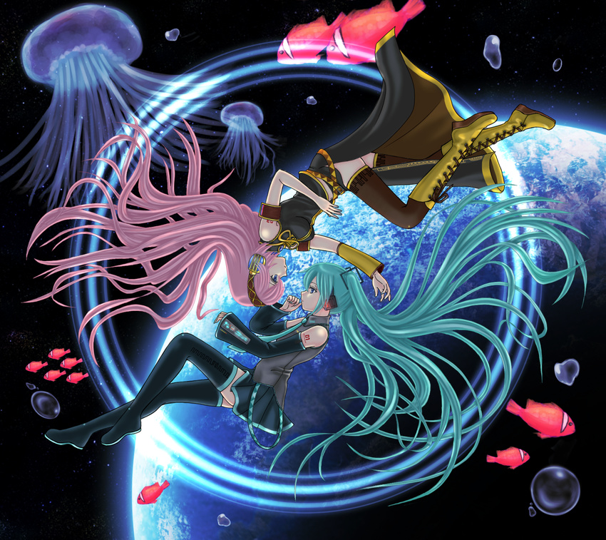 armband boots bubble cross-laced_footwear detached_sleeves fish hatsune_miku headphones highres jellyfish lace-up_boots long_hair megurine_luka multiple_girls pink_hair planet rotational_symmetry space thigh_boots thighhighs very_long_hair vocaloid yukimeg