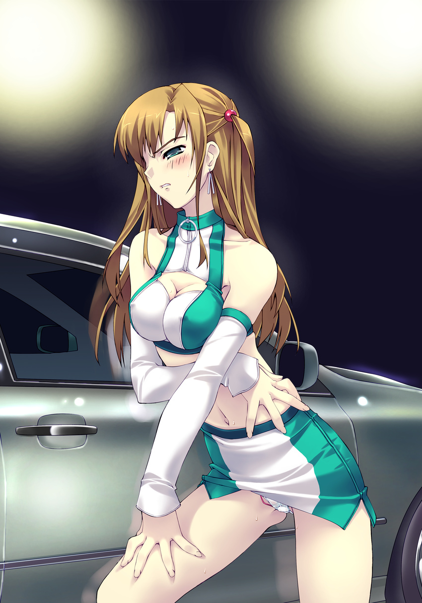 blush brown_hair car cleavage cleavage_cutout detached_sleeves earrings elbow_gloves erect_nipples fism gloves green_eyes hair_bobbles halter high_res jewelry leaning_forward long_hair midriff miniskirt murakami_suigun navel panchira pantsu race_queen racequeen skirt standing tit_window vehicle vibrator white_panties