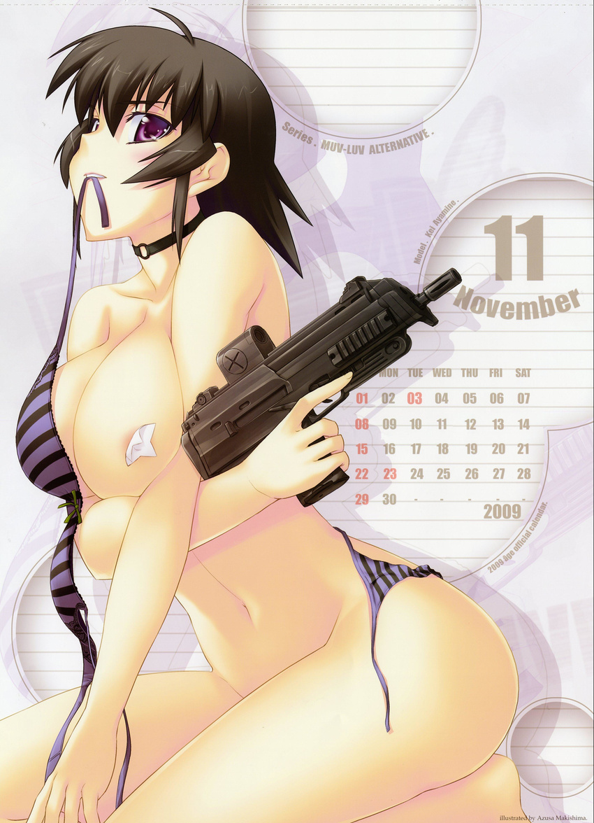 2009 areolae ayamine_kei bra calendar choker gun makishima_azusa mouth_hold muvluv weapon