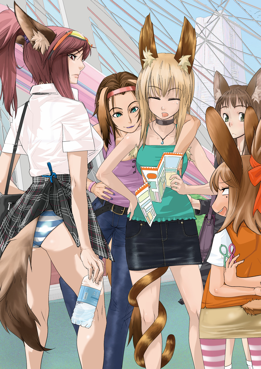 5girls aqua_eyes armpit_hair blonde breasts brown_hair choker eyes_closed green_eyes hairband kemonomimi large_breasts necklace oppai panchira pants pantsu purple_hair skirt skirt_lift striped_thighhighs sunglasses tail thighhighs vorpal-duck