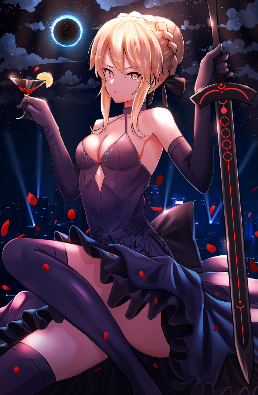 1girl absurdres artoria_pendragon_(all) black_legwear blonde_hair braid breasts cherry cleavage cloud cocktail_glass cup dark_excalibur drinking_glass eclipse elbow_gloves fate/grand_order fate_(series) food french_braid fruit gloves highres lemon lemon_slice looking_at_viewer medium_breasts pasoputi petals saber_alter sidelocks solo thighhighs thighs yellow_eyes