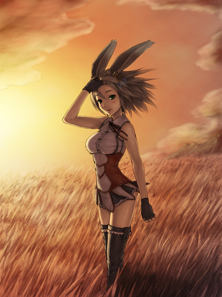 animal_ears bare_shoulders blush boots bow breasts bunny_ears dusk earrings fingerless_gloves gloves grass green_eyes grey_hair highres jewelry large_breasts mountain open_mouth original short_hair solo thigh_boots thighhighs yoshikawa_hazure
