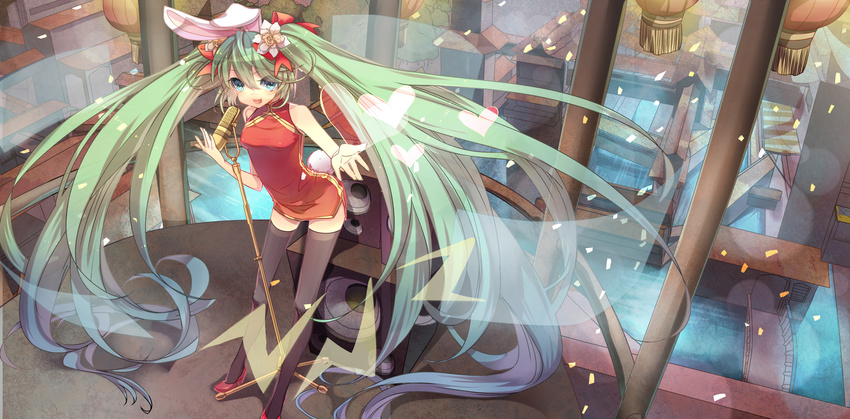 absurdres animal_ears aqua_eyes bad_id bad_pixiv_id bow bunny_ears bunny_tail china_dress chinese_clothes cityscape dress flower green_hair hair_bow hair_flower hair_ornament hatsune_miku heart high_heels highres long_hair microphone_stand nicohi shoes solo speaker tail thighhighs twintails very_long_hair vocaloid