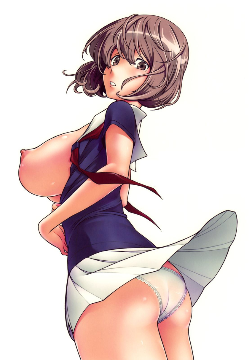 1girl aoki_yuriko ass bakuman breasts breasts_out brown_eyes brown_hair erect_nipples flash flashing fukudahda highres huge_breasts kensou_ogawa large_breasts legs looking_back mole nipples open_clothes open_shirt panties pantyshot shirt short_hair sideboob skirt underwear undressing white_panties wind_lift