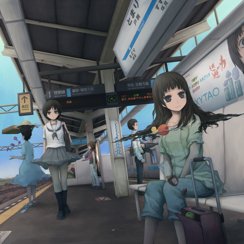 4girls apple black_eyes black_hair commentary day dutch_angle flower food fruit ground_vehicle hat highres long_hair multiple_girls original railroad_tracks rubber_duck short_hair skirt skirt_lift suitcase surreal symbolism tactile_paving train train_station underwater when_you_see_it yajirushi_(chanoma)