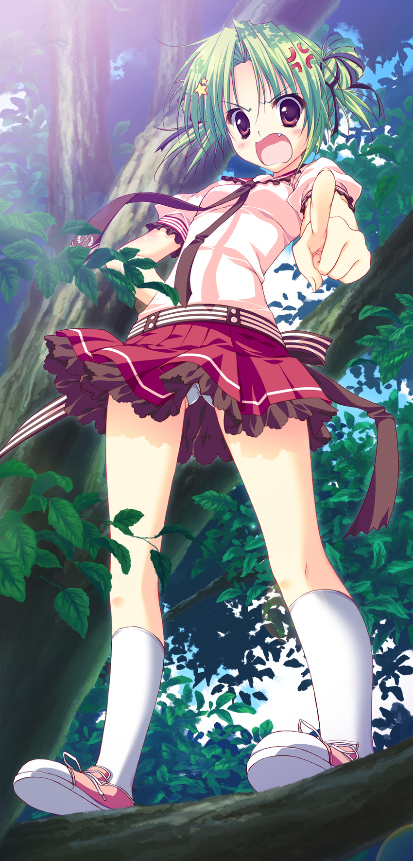 absurdres anger_vein angry brown_eyes double_bun fang green_hair hair_ornament highres hoshizora_e_kakaru_hashi imageboard_sample in_tree md5_mismatch open_mouth panties pantyshot pantyshot_(standing) pointing pointing_at_viewer ryouka_(suzuya) school_uniform solo standing star star_hair_ornament sunlight toudou_koyori tree underwear white_panties