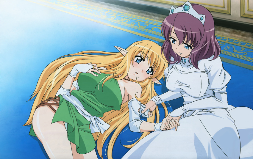 absurdres blonde_hair blue_eyes blush breasts bridal_gauntlets crown detached_sleeves detexted dress elf fingerless_gloves gloves halterneck hat henrietta_de_tristain highres imoto_yuki large_breasts long_hair looking_at_another lying multiple_girls on_back open_mouth parted_lips pointy_ears purple_hair short_hair silhouette thighs third-party_edit tiara tiffania_westwood very_long_hair white_dress zero_no_tsukaima