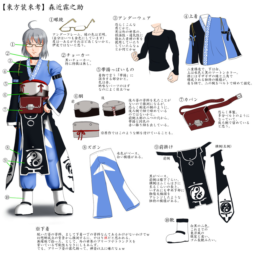 accessories ahoge character_sheet diagram fanny_pack glasses grey_hair highres male_focus morichika_rinnosuke pants touhou translation_request yoshio