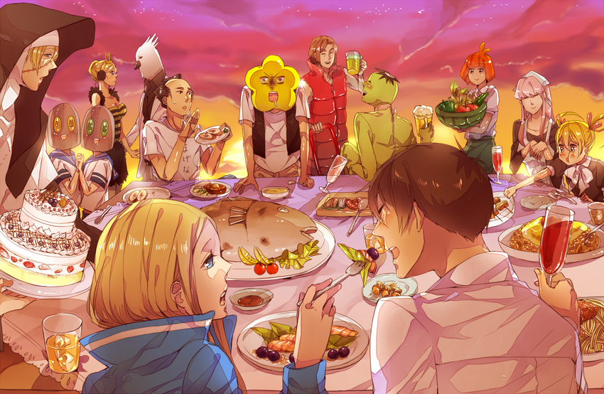 6+boys alcohol apron arakawa_under_the_bridge basket beer bell_pepper billy_(arakawa) blonde_hair blue_eyes brown_hair cake crossdressing cucumber cup drinking_glass drooling everyone feeding fish food glass hoshi_(arakawa) ichinomiya_kou iron_brothers_(arakawa) jacqueline_(arakawa) kabochara kappa_(arakawa) last_samurai_(arakawa) maria_(arakawa) mug multiple_boys multiple_girls nino_(arakawa) nun p-ko_(arakawa) pasta pepper pink_hair purple_eyes red_hair shiro_(arakawa) sister_(arakawa) spaghetti stella_(arakawa) tomato twintails vest wine wine_glass