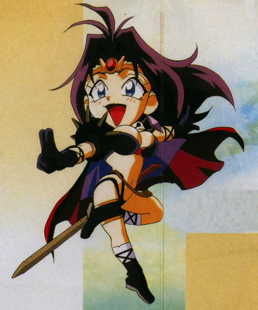 90s araizumi_rui blue_eyes boots breasts cape chibi cleavage crystal_earrings earrings highres jewelry knee_boots large_breasts long_hair multicolored multicolored_cape multicolored_clothes naga_the_serpent necklace purple_hair revealing_clothes slayers smile solo swimsuit sword weapon
