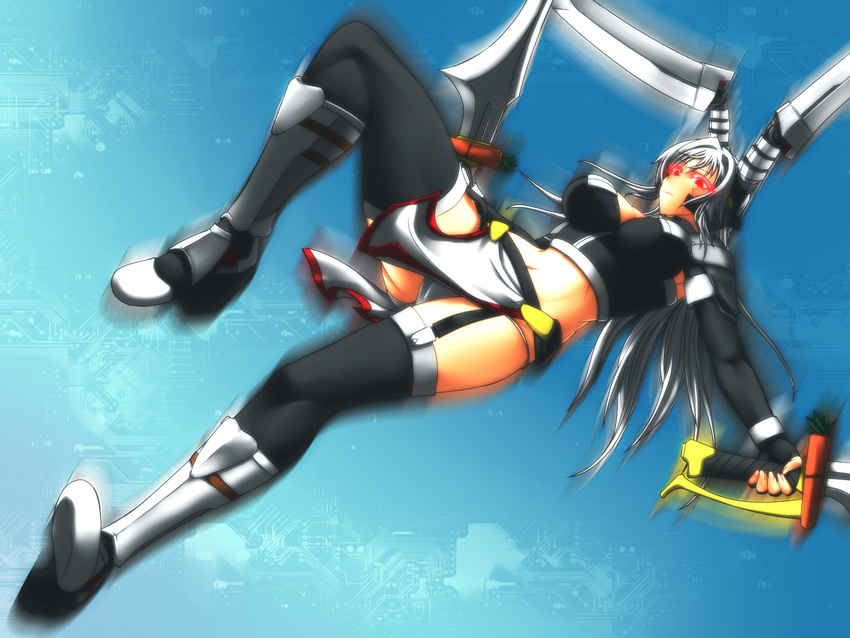 boots garter_belt glowing glowing_eyes highres motion_blur original red_eyes solo sorono sword thighhighs weapon