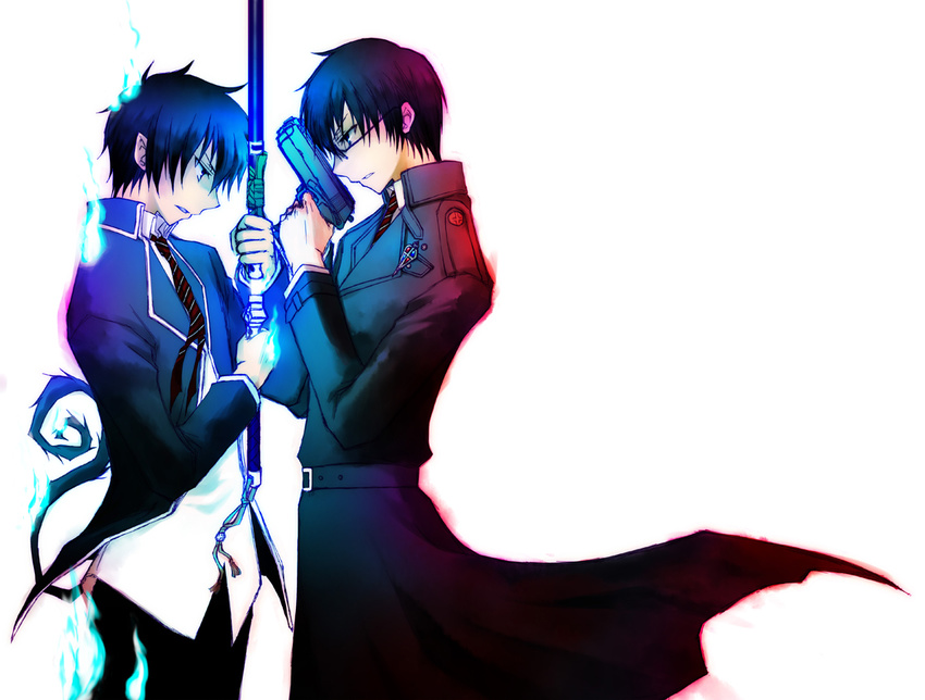 ao_no_exorcist blue_fire brothers face-to-face fire gun male_focus multiple_boys okumura_rin okumura_yukio pointy_ears siblings tail weapon