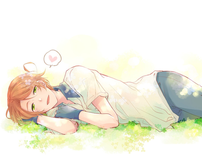 ahoge axis_powers_hetalia bangs brown_hair fingerless_gloves flower gloves grass green_eyes happy head_rest heart looking_at_viewer lying male_focus on_side open_mouth pants principality_of_seborga_(hetalia) solo spoken_heart yotsubaya