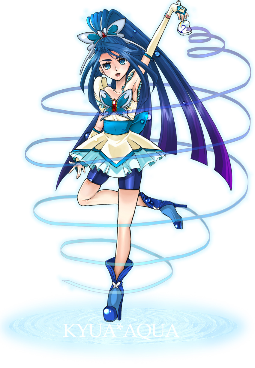 arm_up armpits bad_id bad_pixiv_id bare_shoulders bike_shorts blue blue_eyes blue_hair blue_shorts brooch bug butterfly butterfly_hair_ornament character_name cure_aqua dress full_body gloves gradient_hair gymnastics hair_ornament high_heels highres insect jewelry korekiyo_(zakuro) long_hair magical_girl minazuki_karen multicolored_hair open_mouth ponytail precure purple_hair rhythmic_gymnastics ribbon shoes shorts shorts_under_skirt sidelocks smile solo spiral typo white_background wide_ponytail yes!_precure_5