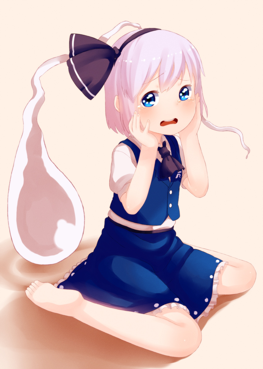 alternate_color ascot bare_legs barefoot black_hairband blonde_hair blue_eyes blue_skirt blush child ghost hair_ribbon hairband hands_on_own_cheeks hands_on_own_face highres hitodama konpaku_youmu konpaku_youmu_(ghost) muku_(muku-coffee) open_mouth ribbon short_hair silver_hair sitting skirt solo tears touhou vest wariza white_hair