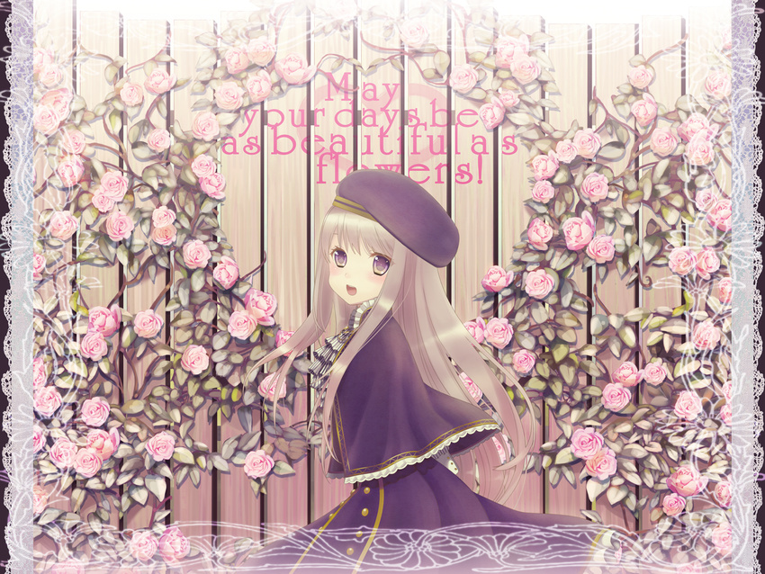 blonde_hair blush door dress english female flower hat highres long_hair open_mouth original plant purple_eyes solo yuuki_rika
