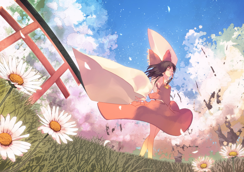 1girl absurdres blue_sky bow cherry_blossoms closed_eyes daisy day detached_sleeves dress field flower flower_field hair_bow hair_tubes hakurei_reimu highres md5_mismatch midriff no_bra red_dress sky solo torii touhou tree wide_sleeves