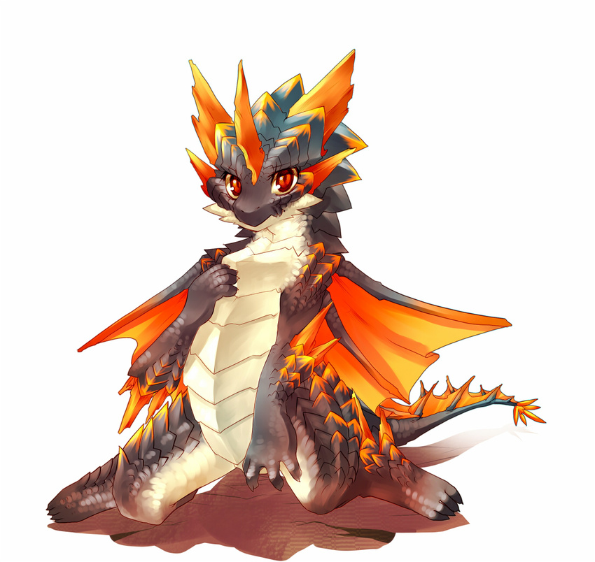 cub cute dragon horn horns kneeling kosian looking_at_viewer male monster_hunter plain_background red_eyes rukodiora scalie solo video_games white_background wings young